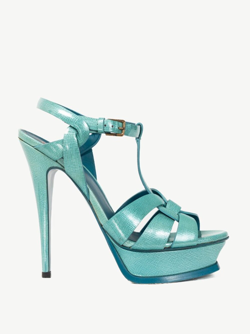 Yves Saint Laurent Tribute 105 Azur Paille Patent Platform Sandals
